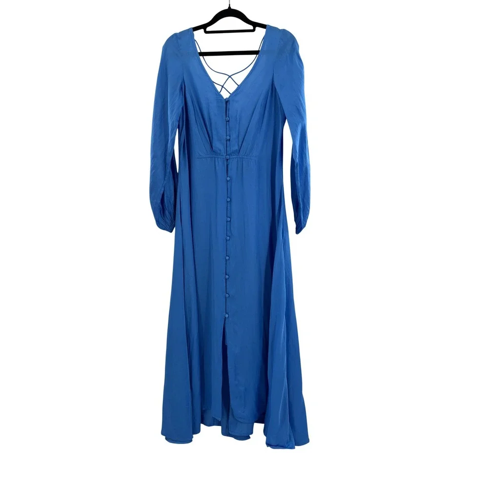Free People Blue‎ Lace Up Back Maxi Dress Long Sleeve Button Front Womens Size 2
